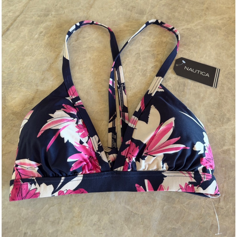 Nautica Womens Floral Triangle Bikini Top Navy Pink 8L103F9 Size Medium NEW